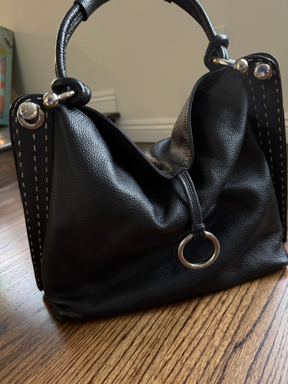 BCBGMAXAZRIAGROUP Black Pebbled Leather Slouchy Ring-Accent Hobo Bag
